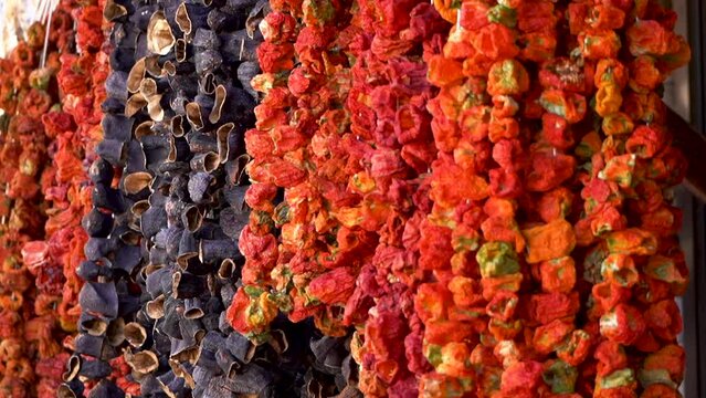 Vegetables are strung on ropes and dried under the sun in summer. Dried vegetables are a good option for cooking in winter.