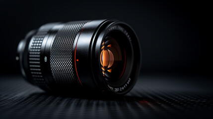 Fototapeta na wymiar Close-up view of a camera lens isolated on a sleek black background, highlighting the intricate details of photography equipment and technology