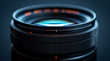 Fototapeta na wymiar Close-up view of a camera lens isolated on a sleek black background, highlighting the intricate details of photography equipment and technology