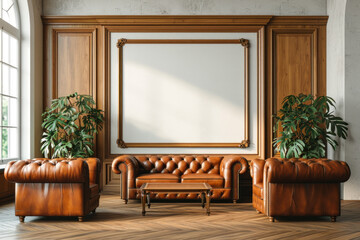 room for business meetings with leather sofas with a picture layout on the wall