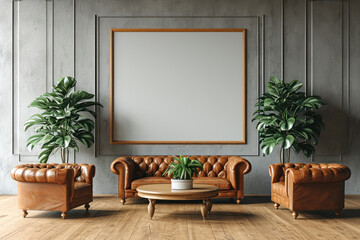 room for business meetings with leather sofas with a picture layout on the wall