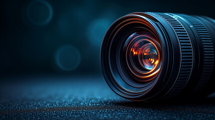Close-up view of a camera lens isolated on a sleek black background, highlighting the intricate details of photography equipment and technology