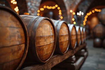 wooden barrels of craft beer in the cellar