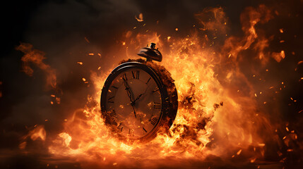 The clock is on fire. Deadline concept. Neural network AI generated art