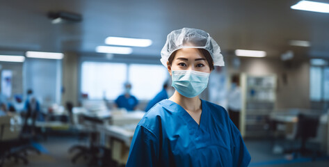 Fototapeta na wymiar Portrait of a female surgeon standing in operating room at hospital., portrait of a female surgeon