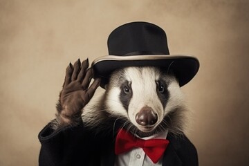 A badger in a top hat and a tailcoat with a bow tie waves his paw in greeting