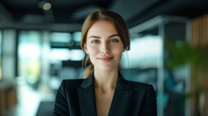  A confident businesswoman with a friendly smile, captured in a close-up portrait in a studio setting in office.