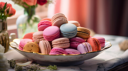 Plate with tasty macarons on table served for party. Neural network AI generated art