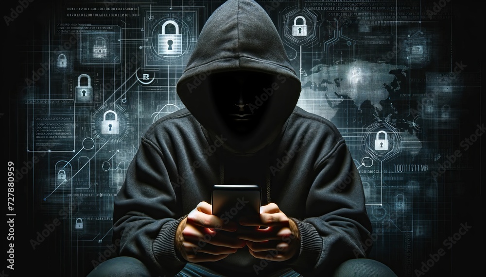 Aufkleber a person in a dark hooded sweatshirt holds a cell phone against a digital background showing cyber security and hacking