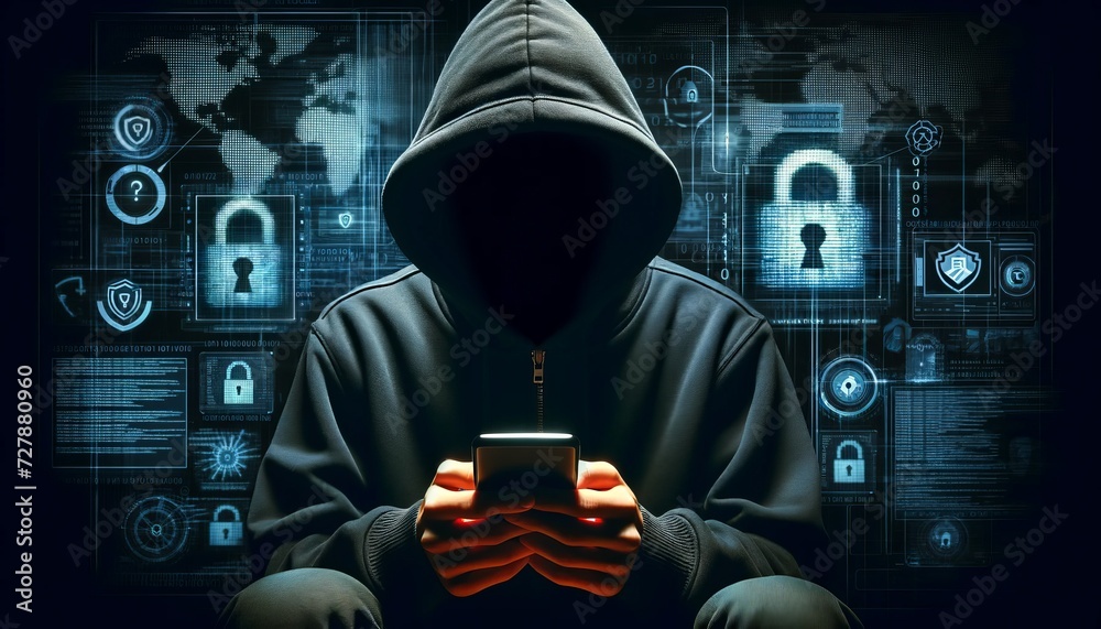 Poster a person in a dark hooded sweatshirt holds a cell phone against a digital background showing cyber s