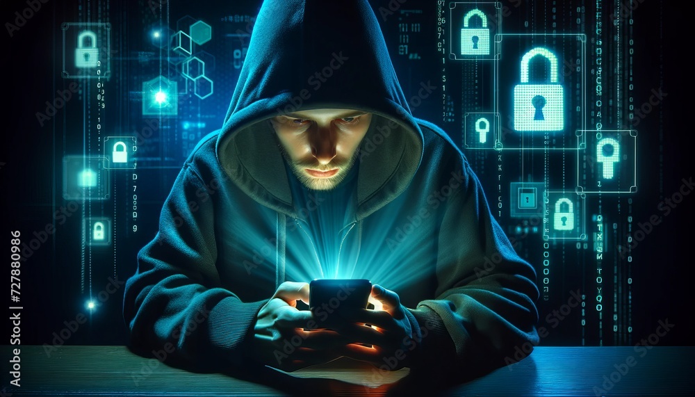 Poster a person in a dark hooded sweatshirt holds a cell phone against a digital background showing cyber security and hacking