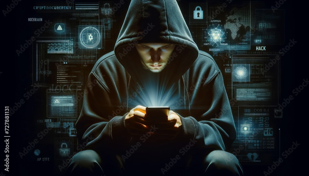 Aufkleber a person in a dark hooded sweatshirt holds a cell phone against a digital background showing cyber s