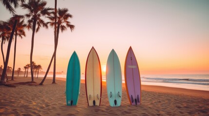Surfboards on the beach at sunset time - vintage filter effect. Surfboards on the beach. Vacation...