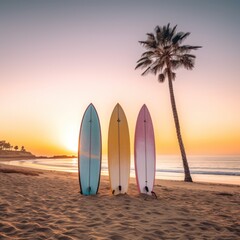 Surfboards on the beach with palm tree at sunset - vintage filter. Surfboards on the beach. Vacation Concept with Copy Space.