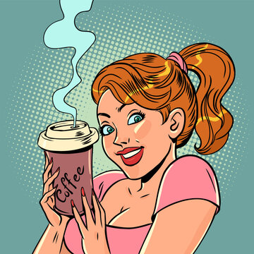 Delicious and hot drink offer. A girl with red hair holds a hot cup of coffee in her hands.