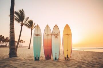 Surfboards on the beach with palm tree - Vintage filter effect. Surfboards on the beach. Vacation Concept with Copy Space.