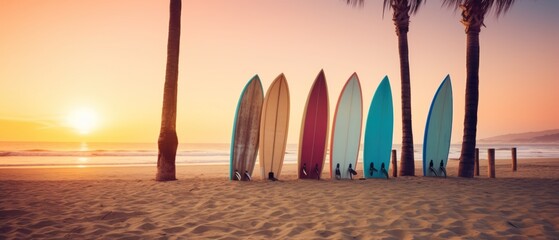 Surfboards on the beach at sunset. Concept of summer vacations. Surfboards on the beach. Vacation...