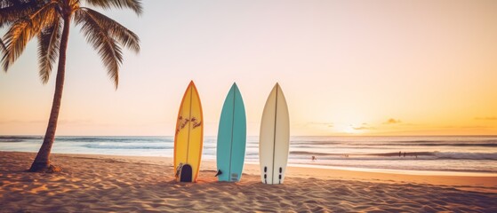 Surfboards on the beach at sunset time - Vintage filter effect. Surfboards on the beach. Vacation Concept with Copy Space.