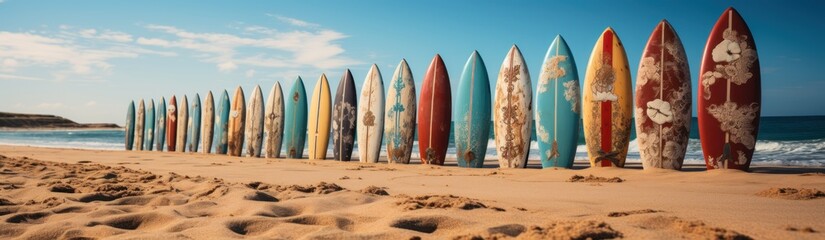 Surfboards on the beach. Panoramic image of surfboards on the beach. Surfboards on the beach. Vacation Concept with Copy Space.