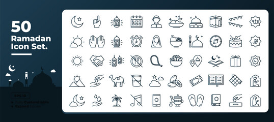 Islamic holy month of Ramadan celebration line icon set style. Set of 50 line icons on white background. Ramadan kareem vector Illustration concept.