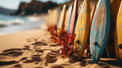 Row of colorful surfboards on the sandy beach by the sea. Surfboards on the beach. Vacation Concept with Copy Space. - obrazy, fototapety, plakaty