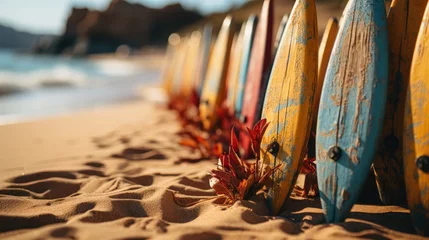 Poster Row of colorful surfboards on the sandy beach by the sea. Surfboards on the beach. Vacation Concept with Copy Space. © John Martin