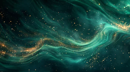 Poster Glowing emerald swirls merging with golden sparks on a midnight canvas.  © Adnan Bukhari