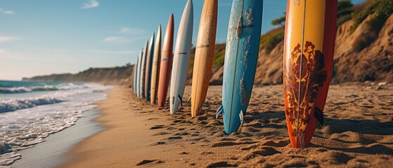 Row of surfboards on the beach. Surfboarders on the sand. Surfboards on the beach. Vacation Concept...