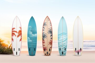Surfboards on the beach at sunset. Surfboards on the beach. Vacation Concept with Copy Space.