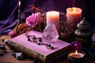 Magic still life with quartz crystal and pink candle. Magic rocks for mystic ritual, witchcraft Wiccan or spiritual practice. Meditation reiki. Ritual for love. Generated ai