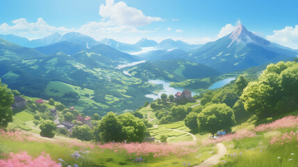 wonderful peaceful alps landscape, anime artwork