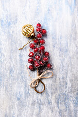 Christmas branch on rustic stone background. Copy space.