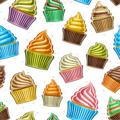 Vector Cupcake Seamless Pattern, decorative repeat background with illustration of variety small cupcakes, packed in colorful wrapper, square poster with flying flat lay cupcakes on white background