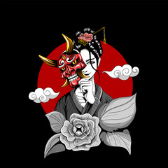 geisha holding oni mask