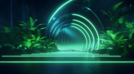 a tunnel with neon lights and palm trees