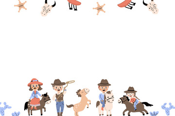cowboy kids party cartoon background with boys and girls. Vector illustration isolated. Can used for invitation, greeting card, celebration design. Horizontal banner with kids and horses.  - obrazy, fototapety, plakaty