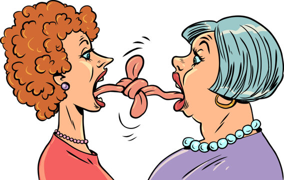 The tongue sometimes hurts more than a knife. Arguing between people does not lead to anything good. Two aged women stand opposite each other with intertwined tongues.