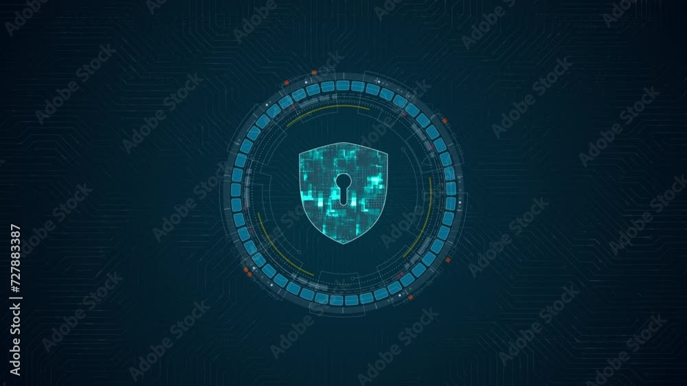 Poster motion graphic of blue digital security shield logo and circle futuristic hud elements with network 