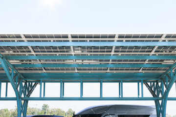 Solar car parking or parking lot at outdoor. Roof canopy covered or construction from solar panel....