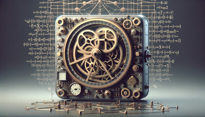 Vintage-inspired mechanical device symbolizing proof of work in a minimalist, hyper-realistic rendering. - obrazy, fototapety, plakaty