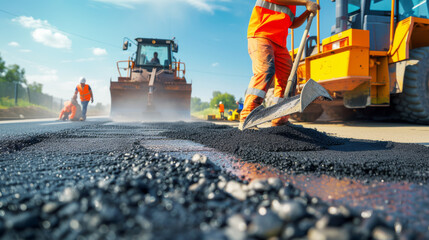 Road construction workers' teamwork, tarmac laying works at a road construction site, hot asphalt gravel leveled by workers, and road surface repair.. - obrazy, fototapety, plakaty