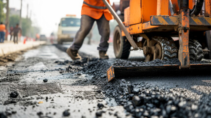 Road construction workers' teamwork, tarmac laying works at a road construction site, hot asphalt...