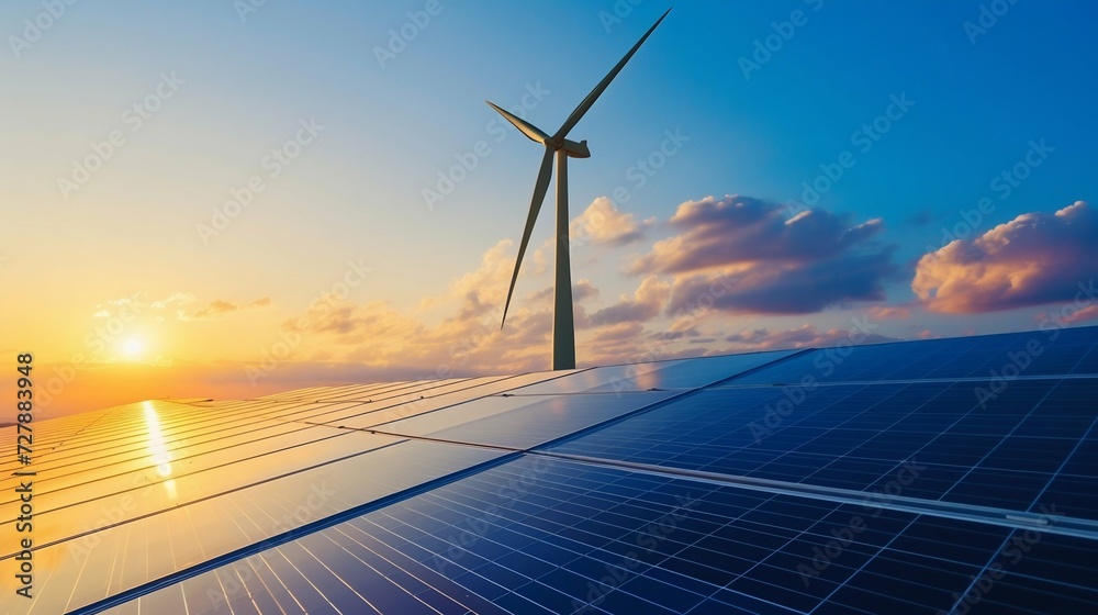 Wall mural renewable energy: windmill, wind turbine, and solar panel at sunset. generative ai