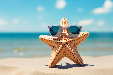 Funny starfish with sunglasses at beach