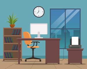 Modern Design of office interior. Office workplace with office table and chair, monitor flat graphic.