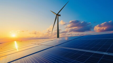 Renewable Energy: Windmill, Wind Turbine, and Solar Panel at Sunset. Generative ai - obrazy, fototapety, plakaty