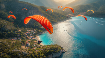 a stunning view of multiple paragliders flying over a coastal area.