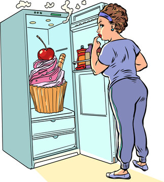 Attempts to restrain rejection against sugar. The girl opened the refrigerator to eat a delicious dessert. Fresh and delicious cakes and pastries delivery promotion.