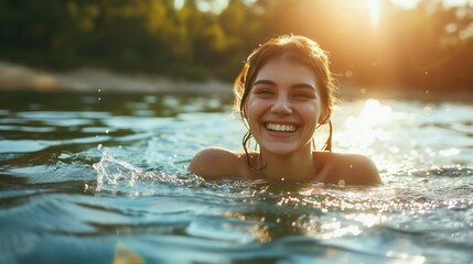 Joyful Young Girl Swimming in Sunlit Water. Generative ai