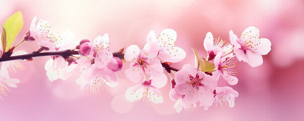 Pink spring blossom, panoramic view, floral card design, generated by AI
